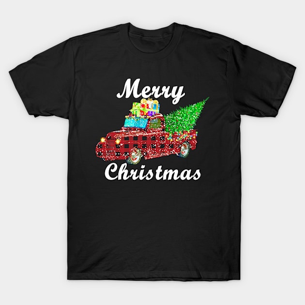 Red Truck Pick Up Merry Christmas Tree T-Shirt by BuzzTeeStore